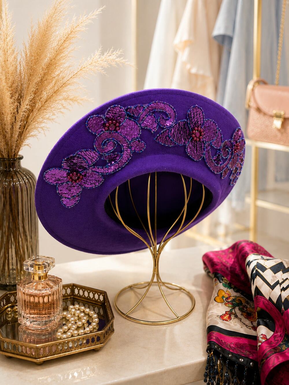 Purple Wool Wide Brim Hat Sequin Floral Embellished Statement Dress Hat